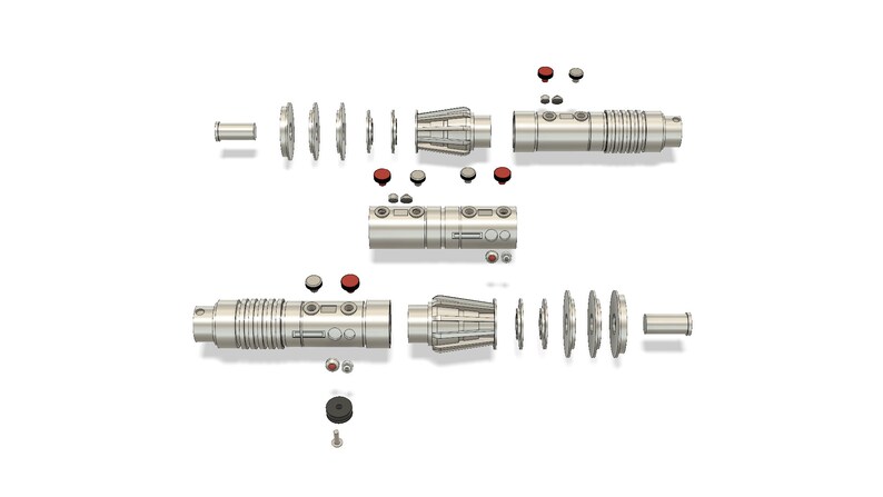 May include: A disassembled lightsaber with a silver metal finish. The lightsaber is made up of multiple pieces, including a handle, a blade, and a power cell. The pieces are laid out on a white background.