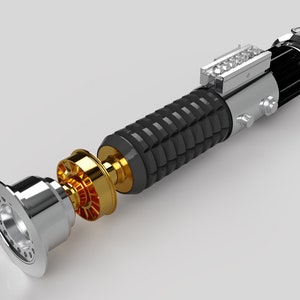 May include: A disassembled lightsaber with a black handle, silver accents, and gold details. The lightsaber is in pieces, showing the internal components.
