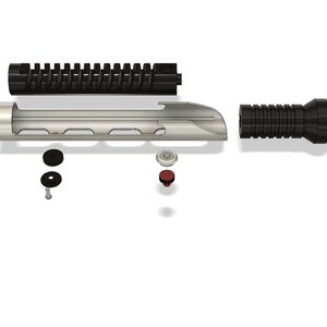 May include: A disassembled lightsaber with a black handle, a silver blade, and a red button. The lightsaber is made up of several parts, including a black handle, a silver blade, a red button, and a black emitter.