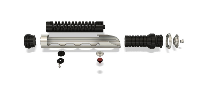 May include: A disassembled lightsaber with a black handle, a silver blade, and a red button. The lightsaber is made up of several parts, including a black handle, a silver blade, a red button, and a black emitter.