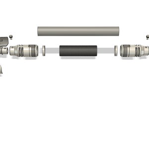 May include: A disassembled lightsaber with multiple parts, including a silver handle, a black blade, and a silver emitter. The parts are laid out in a row on a white background.
