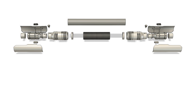 May include: A disassembled lightsaber with multiple parts, including a silver handle, a black blade, and a silver emitter. The parts are laid out in a row on a white background.