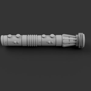 May include: A gray lightsaber prop with a textured handle and a black button on the side.