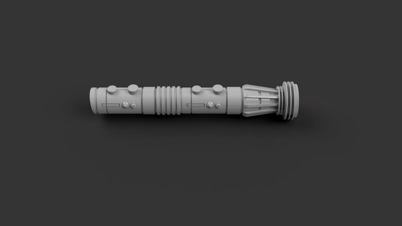 May include: A gray lightsaber prop with a textured handle and a black button on the side.