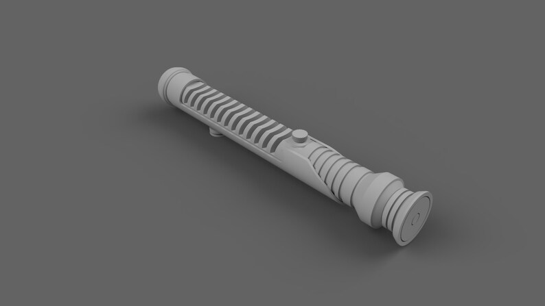May include: A gray lightsaber with a textured handle and a black button. The lightsaber is made of plastic and is about 12 inches long.