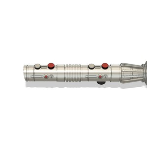 May include: A silver lightsaber hilt with red buttons and a textured design.
