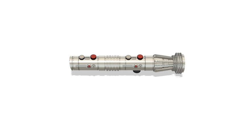 May include: A silver lightsaber hilt with red buttons and a textured design.