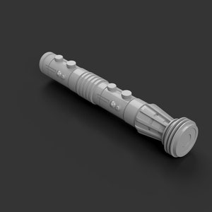 May include: A white lightsaber prop with a textured handle and a circular end cap. The lightsaber is made of plastic and has a realistic design.