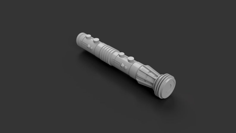 May include: A white lightsaber prop with a textured handle and a circular end cap. The lightsaber is made of plastic and has a realistic design.