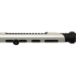 May include: A silver lightsaber hilt with black accents and a textured surface. The hilt has a small black knob on the side.