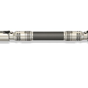 May include: A silver lightsaber with a black handle and a textured grip. The lightsaber is in a deactivated state.