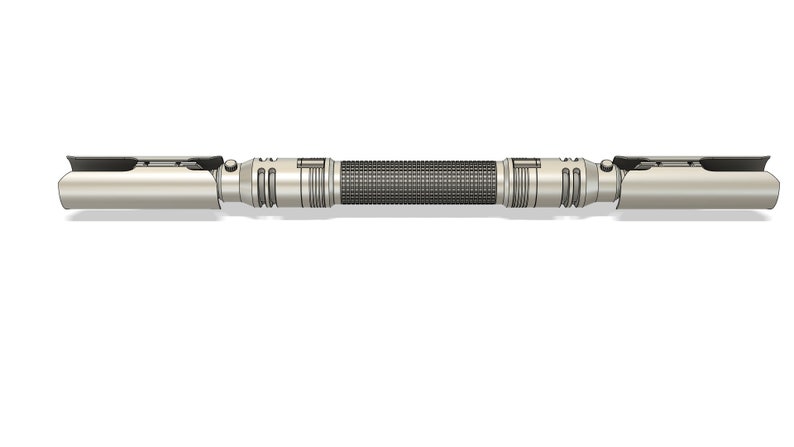 May include: A silver lightsaber with a black handle and a textured grip. The lightsaber is in a deactivated state.