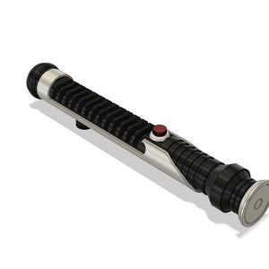 May include: A black and silver lightsaber with a red button. The lightsaber has a textured grip and a circular emitter.
