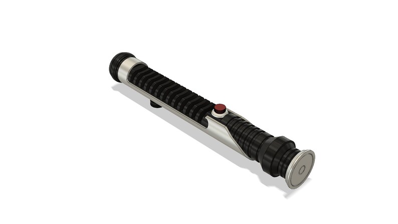 May include: A black and silver lightsaber with a red button. The lightsaber has a textured grip and a circular emitter.