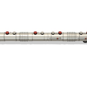 May include: A silver lightsaber with red buttons. The lightsaber is made up of multiple sections that can be assembled and disassembled.