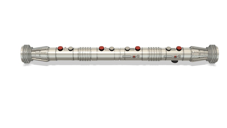 May include: A silver lightsaber with red buttons. The lightsaber is made up of multiple sections that can be assembled and disassembled.
