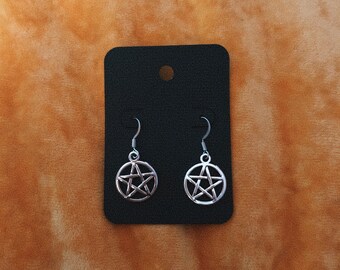 Witch Strega Star Earrings Purple Glass Handmade Earrings Wicca Pagan Bronze Pentacle Earrings Spirit Purple Glass Bronze Earrings