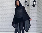 Women Wool Knit Black Poncho With Hood