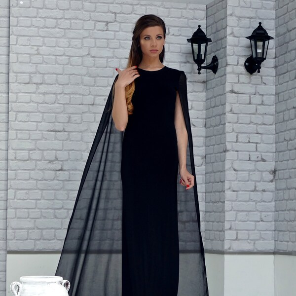 Long-Sleeved Cape Open Sleeve Plain Chiffon Maxi Dress,