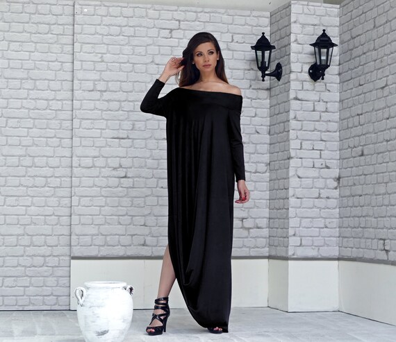 black long sleeve dress off shoulder