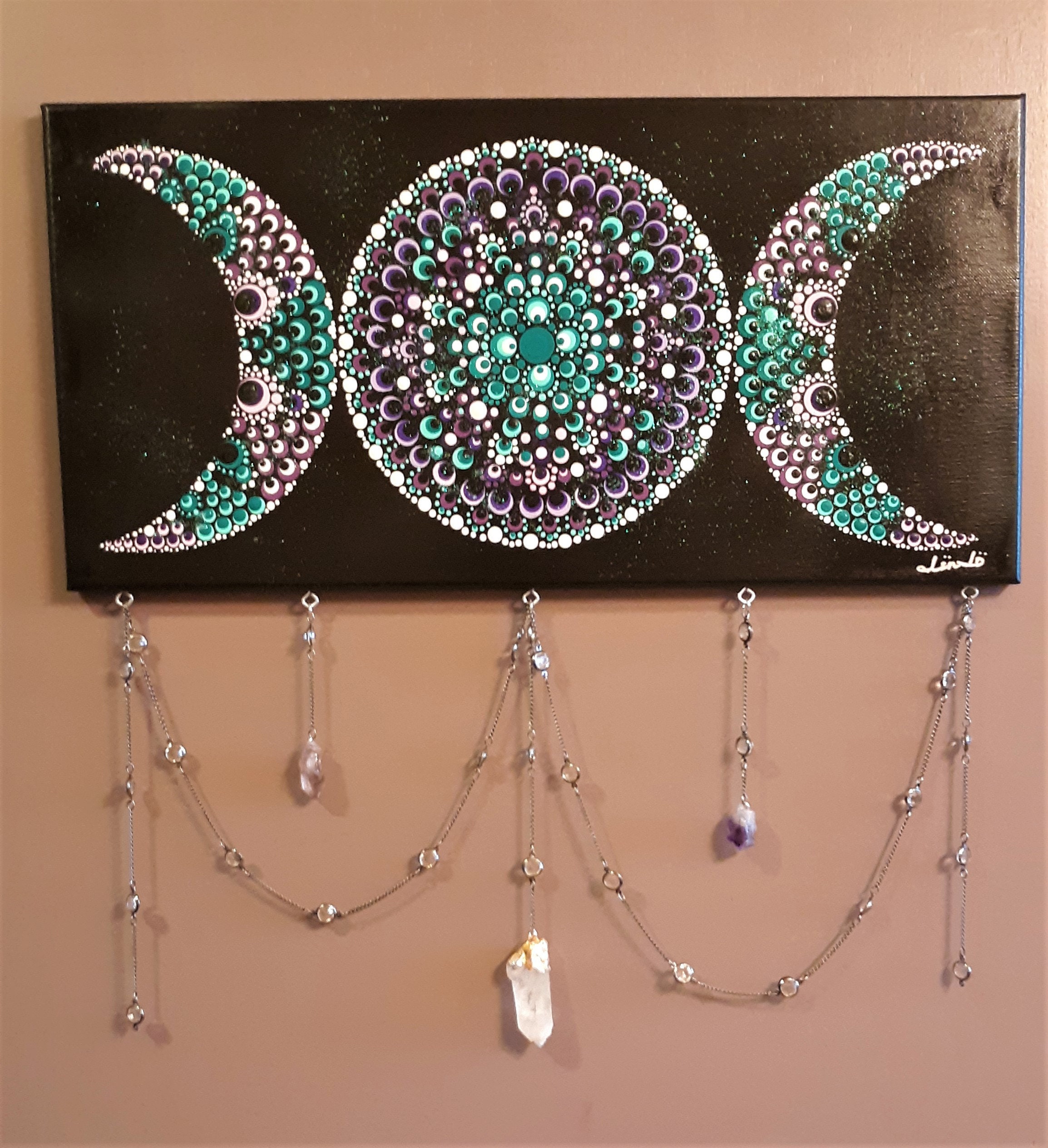 Triple Moon Goddess Dot Art With Amethyst and Clear Quartz Crystals - Etsy