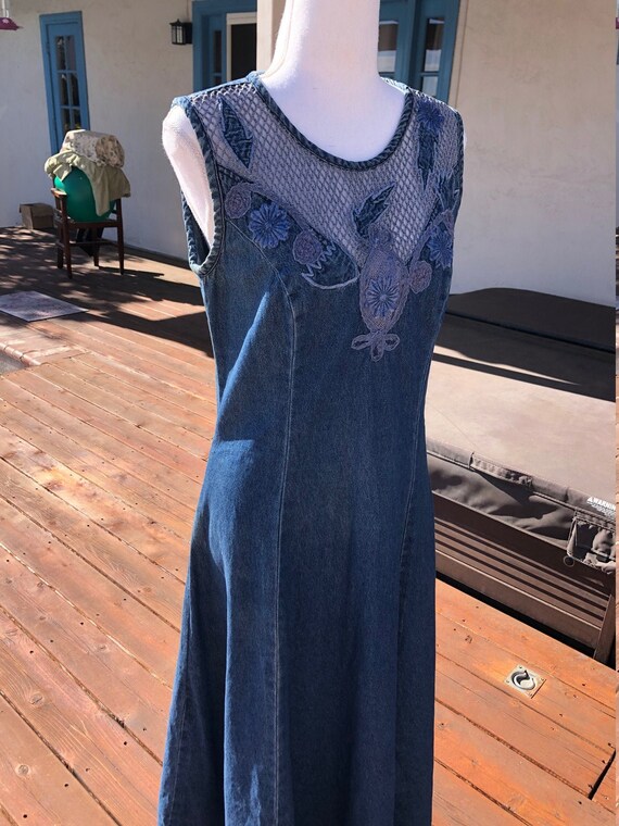90s Vintage Maxi Denim Dress Embroidered Size 10