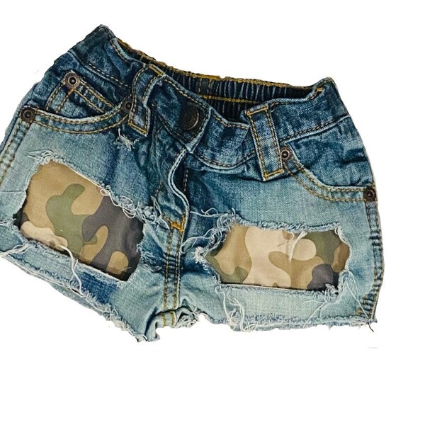 Camo Patchwork Distressed Denim Shorts