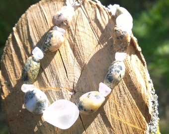 Black Speckled Beige/Pink Lake Michigan Stone and Beach Glass Bracelet