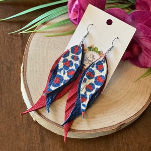 Patriotic red white blue leopard feather genuine leather earrings, 4th of July earrings, big earrings, statement earrings