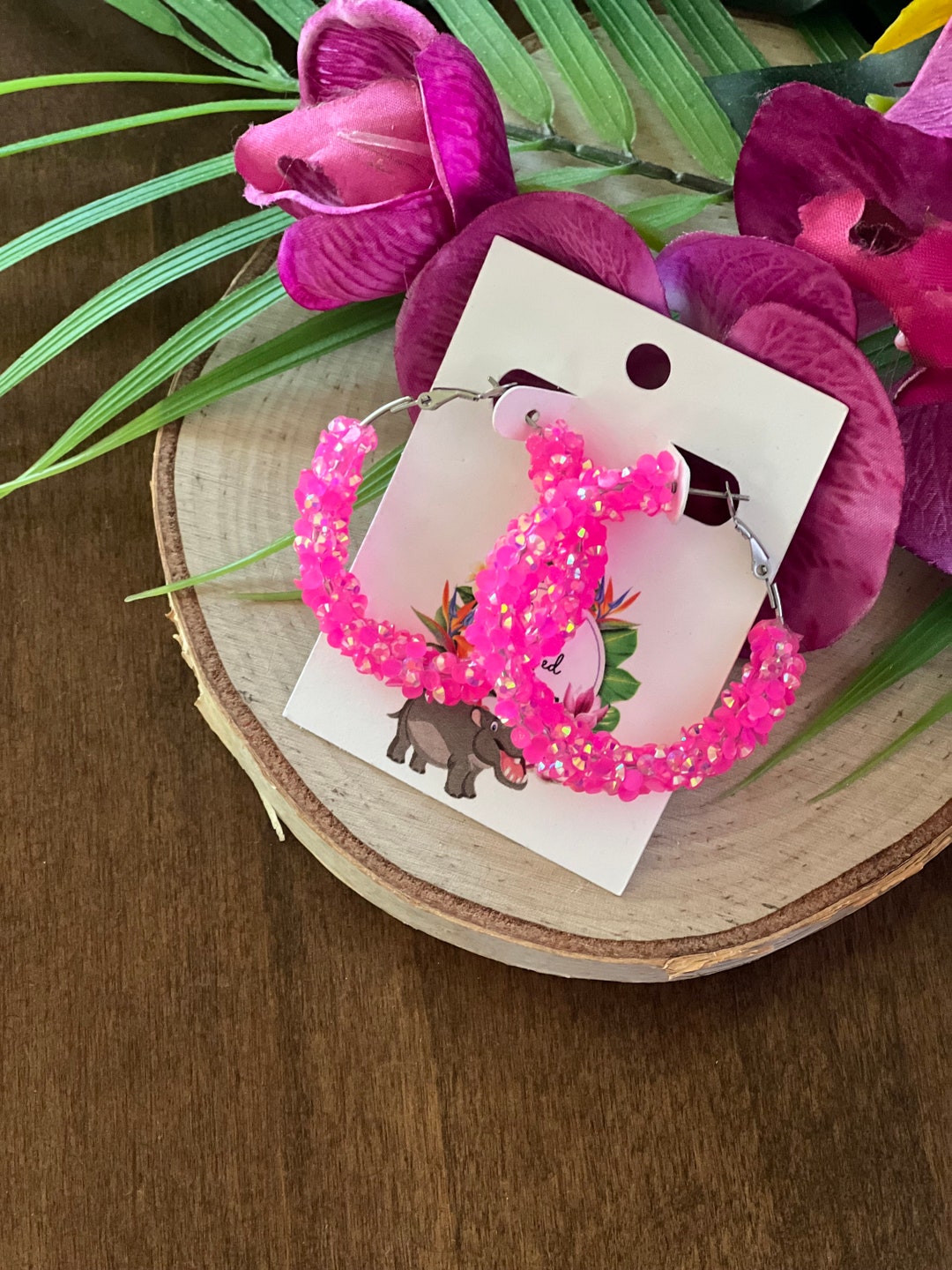 Hot Pink Glitter Hoop Dangle Earrings, Pink Earrings, Handmade Earrings