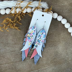 Floral Leather Feather Earrings: Pink Spring Statement Jewelry