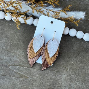 Leather Feather Dangle Earrings: Bronze Fall Fringe, Handmade