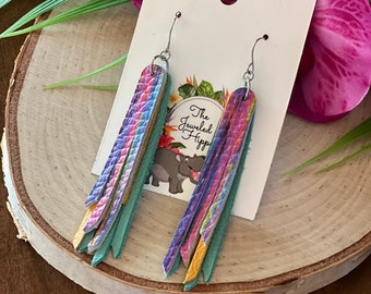 Colorful stripes leather fringe earrings, beach earrings, gifts under 20, spring earrings, boho fringe earrings