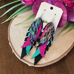 Iridescent colorful long feather fringe leather earrings, statement leather earrings, big earrings, metallic earrings