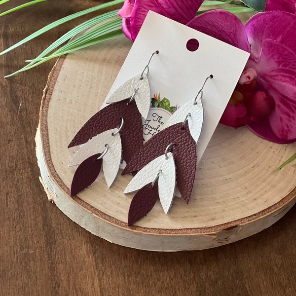 Maroon and white falling leaves dangle leather earrings, leaf earrings, purple earrings, maroon earrings