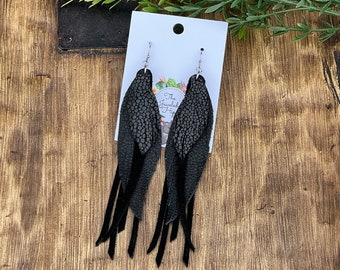 Handmade black fringe feather leather earrings, black leather earrings, gifts under 30, grunge earrings, meaningful jewelry