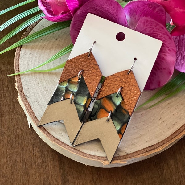 Metallic mixed metals mosaic tile chevron genuine leather earrings, metallic earrings, unique earrings, glossy earrings