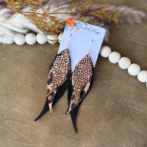 Bronze Cheetah Feather Fringe Earrings: Handmade Leather Statement Jewelry