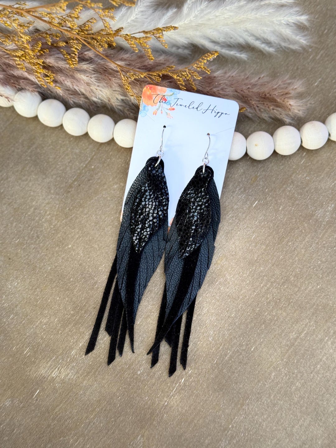 Metallic Black Leather and Suede Feather Fringe Long Dangle Earrings ...
