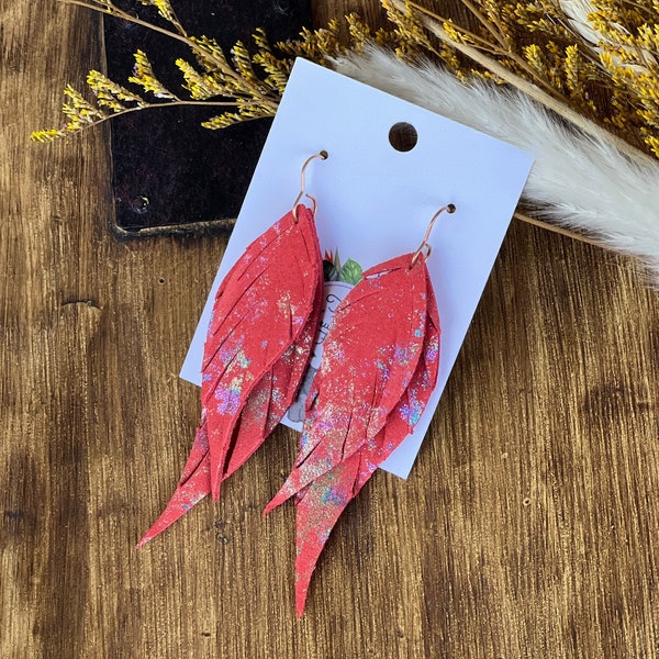 Iridescent coral fringe feather leather earrings, genuine leather earrings, colorful earrings, glamour earrings, metallic earrings