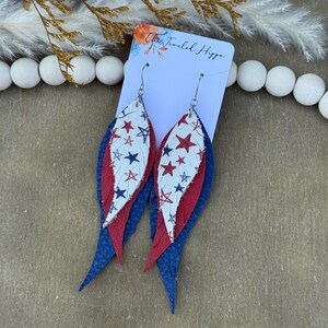 Patriotic Leopard Feather Leather Earrings: 4th of July Statement Jewelry