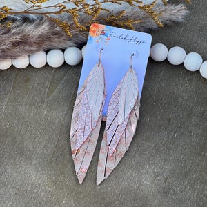 Handmade Metallic Rose Gold Leather Feather Earrings