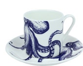 Blue And White Bone China Espresso Cup Saucer With Octopus Design