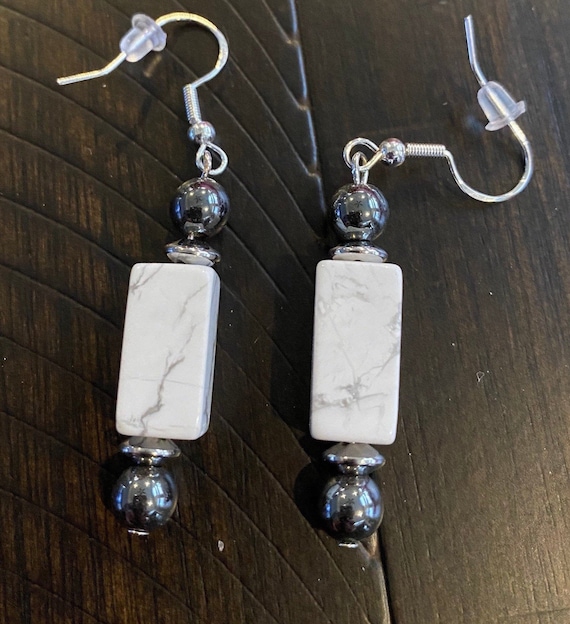 Stone Earrings White Howlite With Hematite Handmade