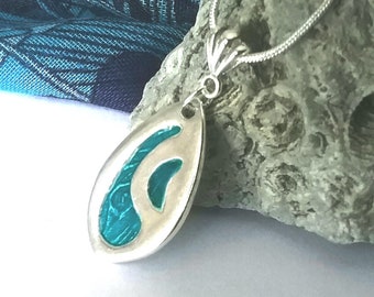 Handmade fine silver turquoise pendant in ''champlevé'' technique, glass enameled pendant, teardrop shape. Beautiful unique gift for her!