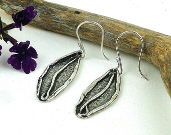 Sterling silver earrings, organic look with rolled edges, center textured by hand and center vein rolled...Perfect Boho gift for her!!!