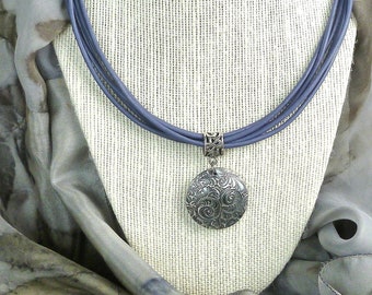Sterling silver pendant with lavender leather cord necklace. Sterling filigree bail and cord ends. Beautiful modern unique gift for her!