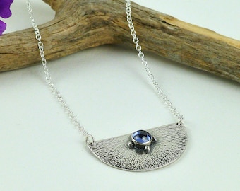 Silver pendant necklace, half moon,  brushed texture and Tanzanite cabochon in silver bezel setting. Beautiful unique gift for her!