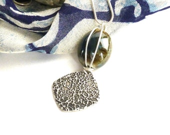 Handmade sterling silver pendant, abstract textured and patina hanging from a wire wrapped ceramic bead | Mother's day gift for her.