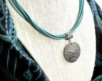 Handmade pendant necklace, silver pendant with turquoise leather cords, sterling filigree bail and cord ends. Beautiful modern gift for her!